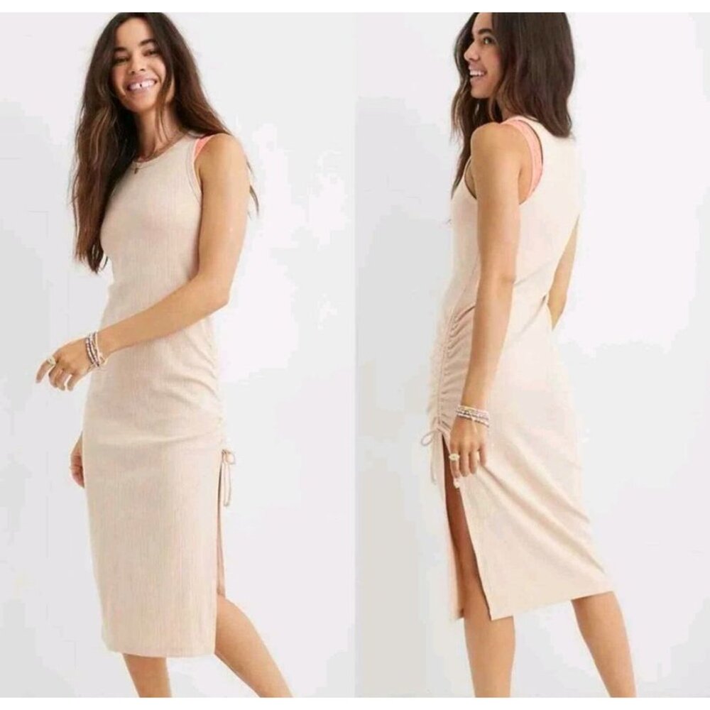 Aerie Beige Ribbed Ruched Fitted Midi Tank Dress Summer Beach Vacation Sexy Glam - Picture 8 of 8